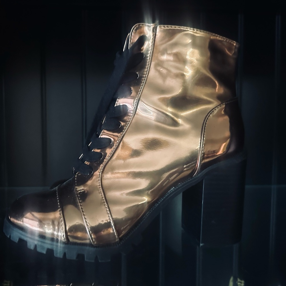 Qupid Gold Heeled Boots Metallic Lace-Up